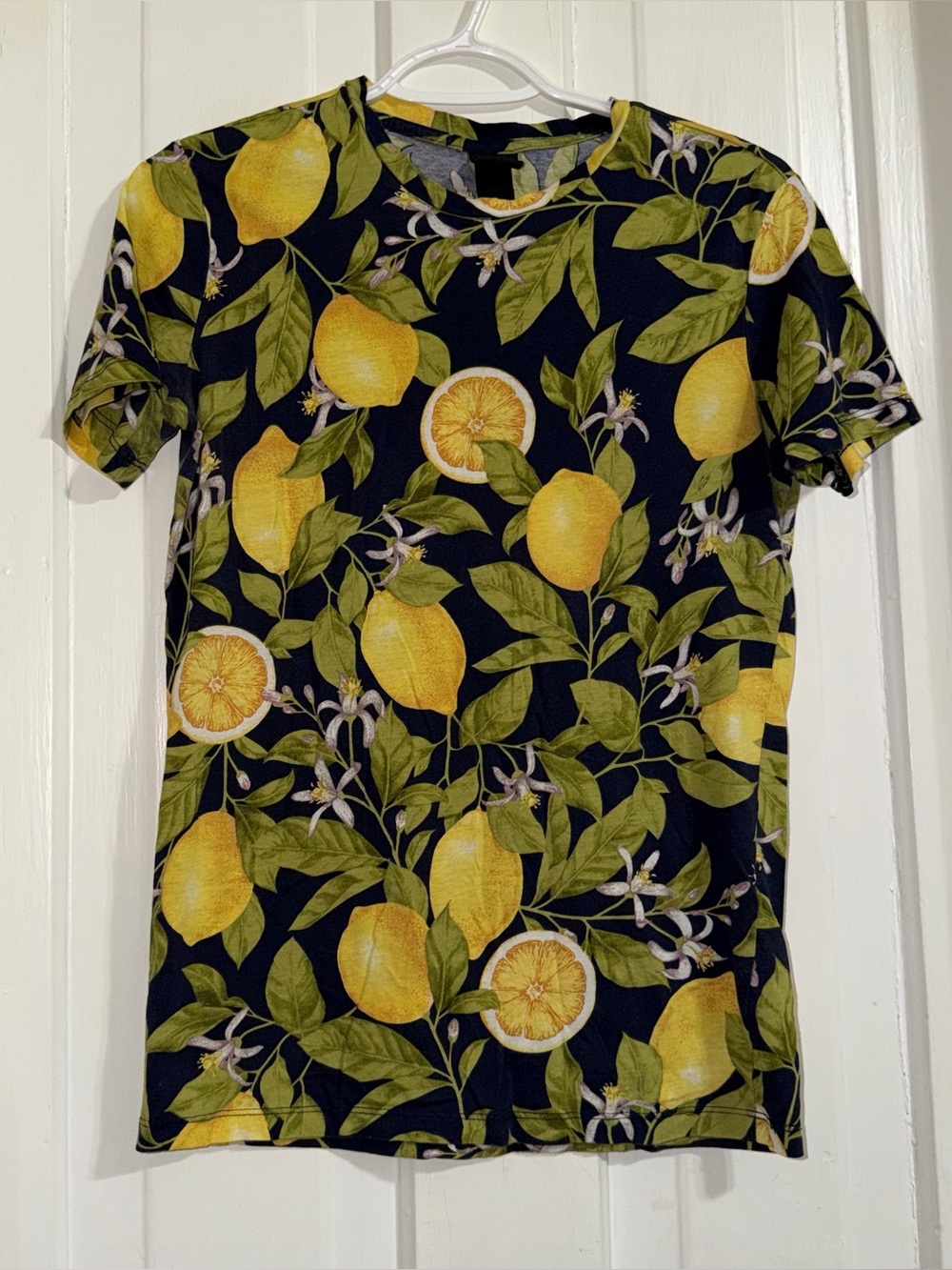 Women's size XS shirt Lemon Print Short Sleeve top - Yellow on Black